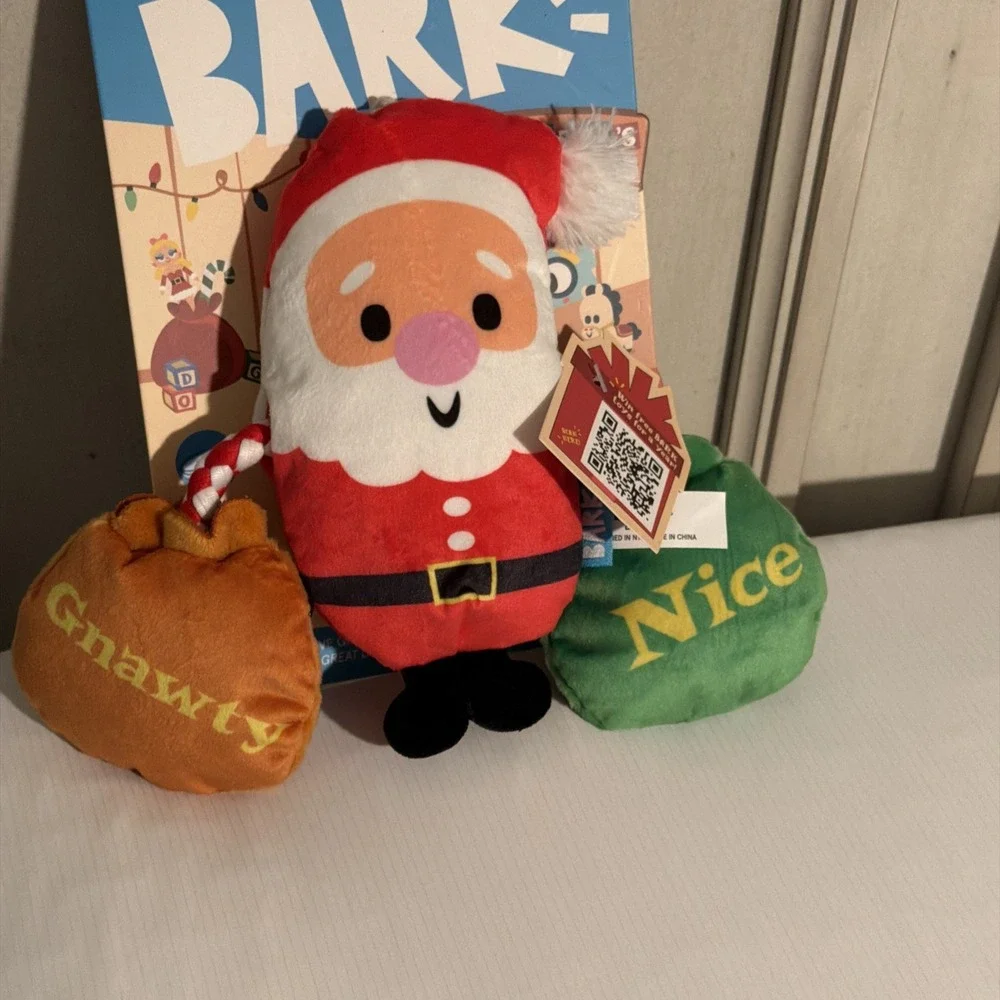 New Bark Box Santa Workchomp Nice Rope Tug Squeaker Dog Toy XS-M Crinkle